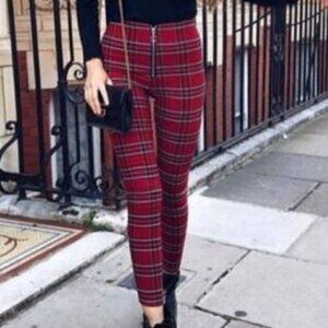 Zara Red Plaid High Waisted Front Zipper Preppy Bloggers Favorite Pants XS
